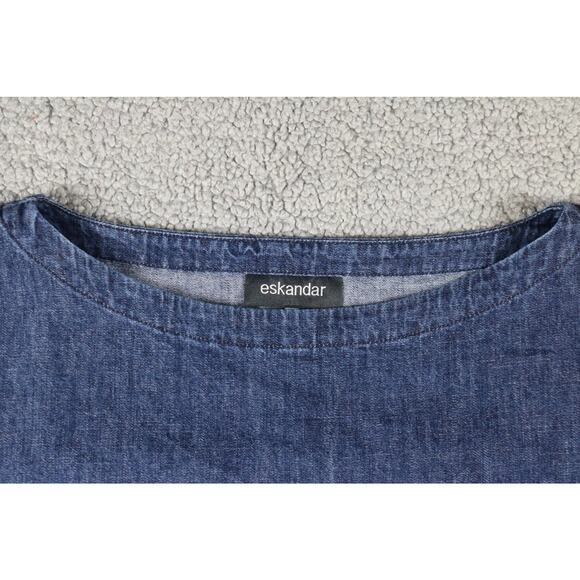 Eskandar 1 Top Blue Denim One Pocket Short Sleeve Cotton Boat Neck Tunic Poland - Picture 5 of 13